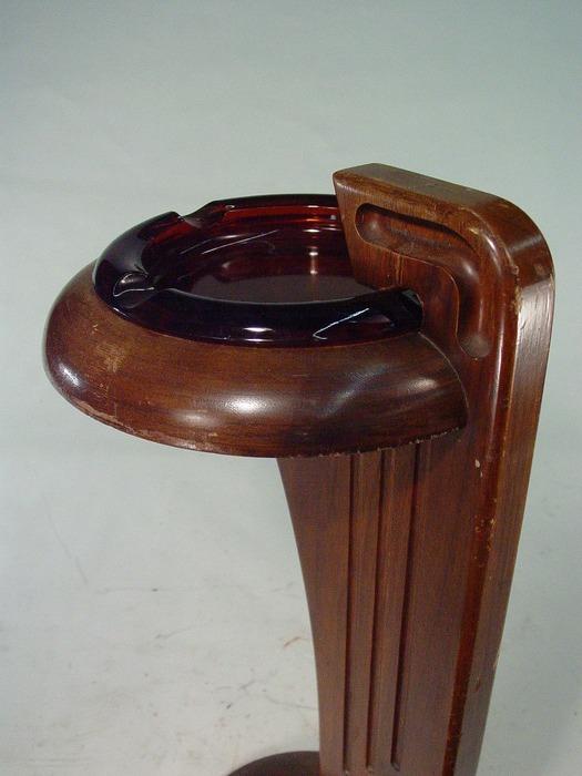 Vintage Streamline Art Deco Wood Ashtray Stand with Amber Ashtray