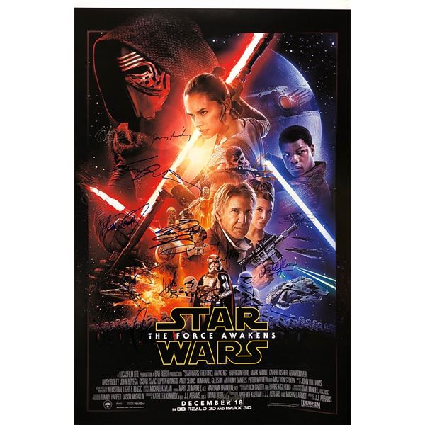Star Wars Force Awakens Poster Mark Hamill Harrison Ford Carrie Fisher Autographed Signed