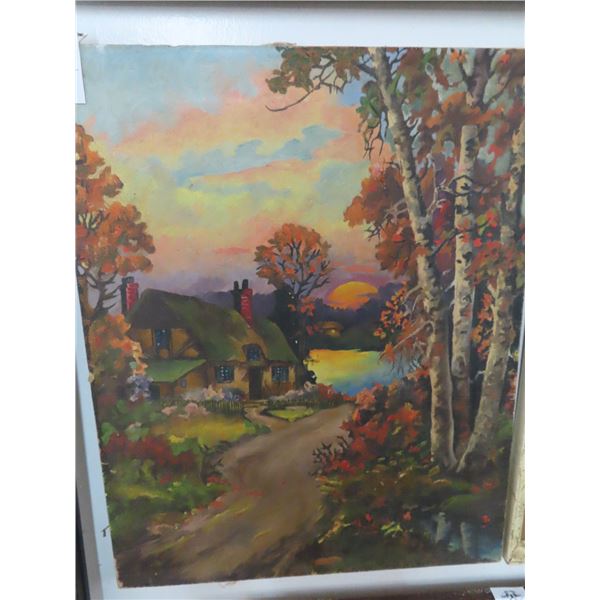 Unframed Oil On Canvas Cottage Scene - 16" x 20"