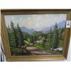 Image 1 : Framed Mountain Cabin Scene On Board by ? - 23" x 29"