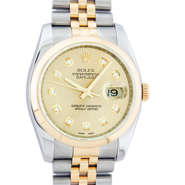 Rolex Mens Stainless Steel and Yellow Gold Champagne VVS Diamond 36mm Datejust