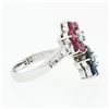 Image 5 : Estate 14k White Gold Round Sapphire Ruby & Diamond Flower Cluster Bypass Ring