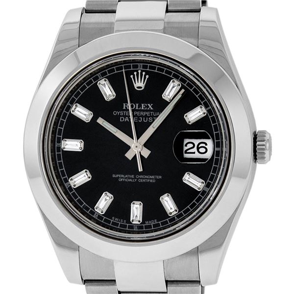 Rolex Mens SS 41MM Black Baguette Diamond Datejust 2 Oyster Band Wristwatch