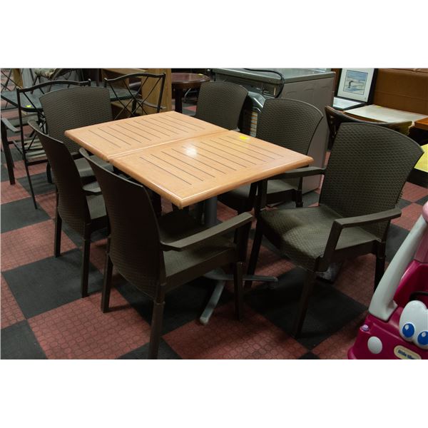 2 BISTRO TABLES AND 6 PLASTIC CHAIRS