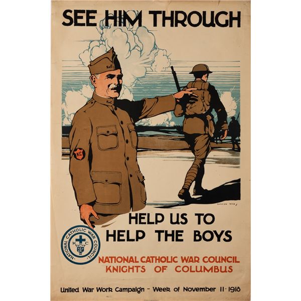 SEE HIM THROUGH KNIGHTS OF COLUMBUS BURTON RICE WWI POSTER
