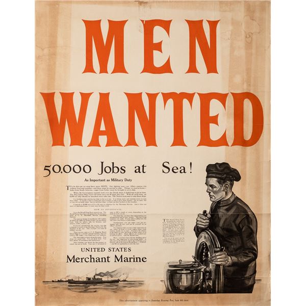 MEN WANTED WWI MERCHANT MARINE RECRUITMENT POSTER