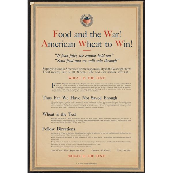 FOOD AND THE WAR! AMERICAN WHEAT TO WIN! WWI POSTER