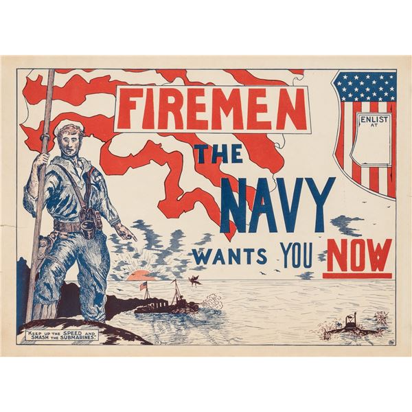FIREMEN THE NAVY WANTS YOU NOW WWI POSTER