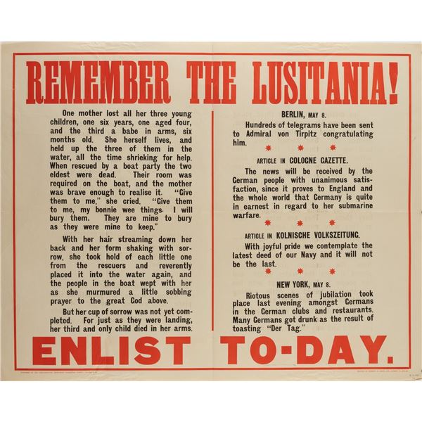 REMEMBER THE LUSITANIA ENLISTMENT POSTER