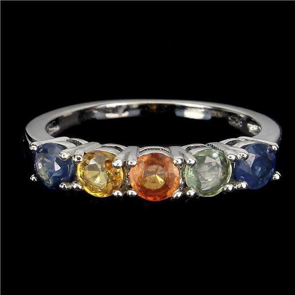 Heated Round Sapphire Multi Color 4mm 14 k White Gold Plated 925 Sterling Silver Ring Size 8