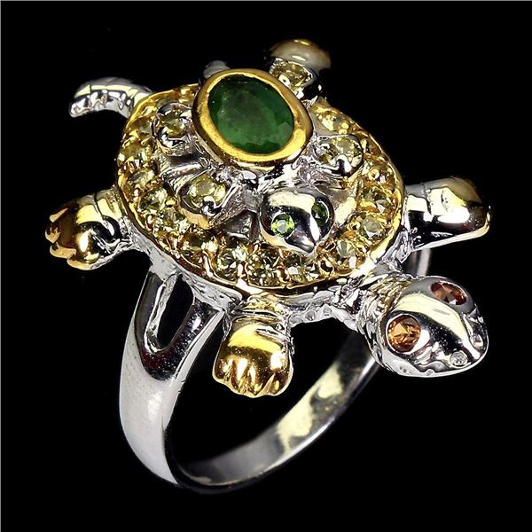 Unheated Oval Emerald 6x4mm Sapphire Gems 14 k White Gold Plated 925 Sterling Silver Turtle Ring Siz