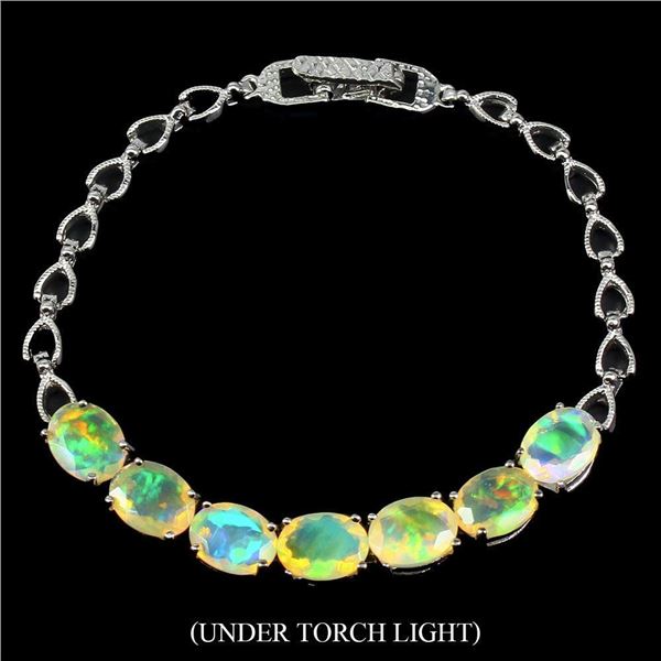 Unheated Oval Fire Opal Rainbow Full Flash 9x7 mm 14 k White Gold Plated 925 Sterling Silver Bracele