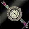 Image 2 : Oval Ruby Blue Sapphire Emerald Dial Mop Marcasite 14 k White Gold Plated  925 Sterling Silver Watch