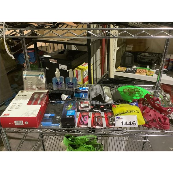 SPEEDO CAP AND GOGGLES, HDMI CORD, LEVITON LIGHT SWITCH, HAND SANITIZER, MASTER LOCKS, & MORE