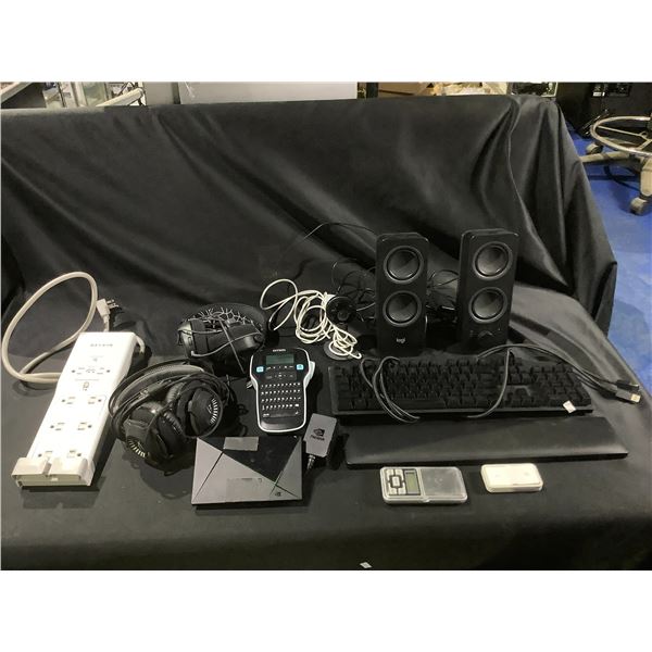 HYPER X HEADPHONES, STEELSERIES HEADPHONES, LOGITECH KEYBOARD, BELKIN POWERBAR, NEST CAMERA, & MORE