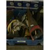 Image 2 : 3 BINS OF ASSORTED ITEMS INCLUDING; SAW, BOOTS (SIZE 11), COVERALLS, LEVELS & MORE