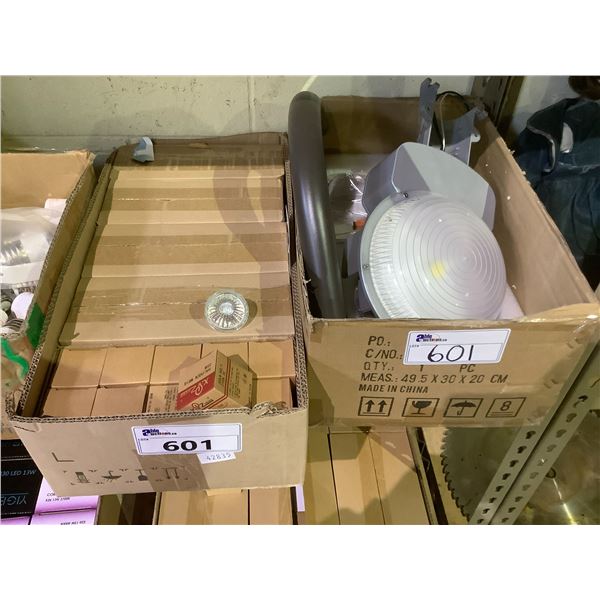 CASE OF 100 XI ZHENG MR16 12V 35W 2700K LIGHT BULBS & OUTDOOR WALL OR POST MOUNT LIGHT FIXTURE