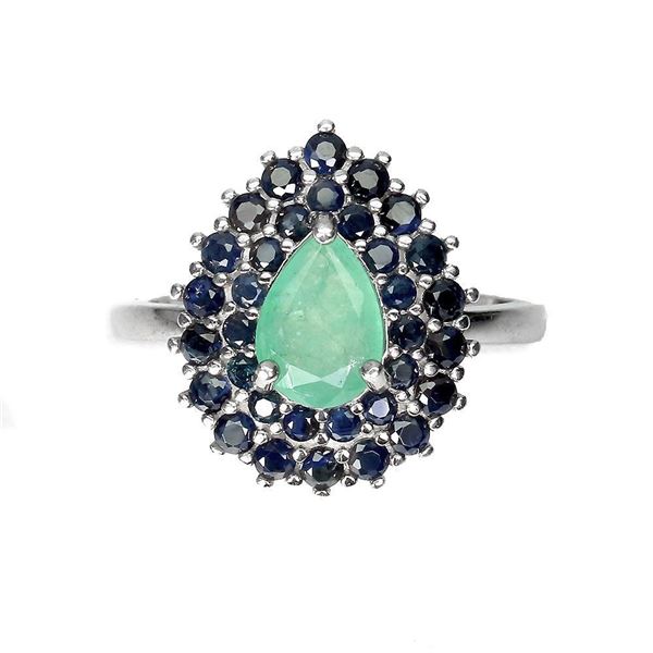 Unheated Pear Emerald 9x6mm Sapphire Diamond Cut 925 14k White Gold Plated Sterling Silver Ring 8