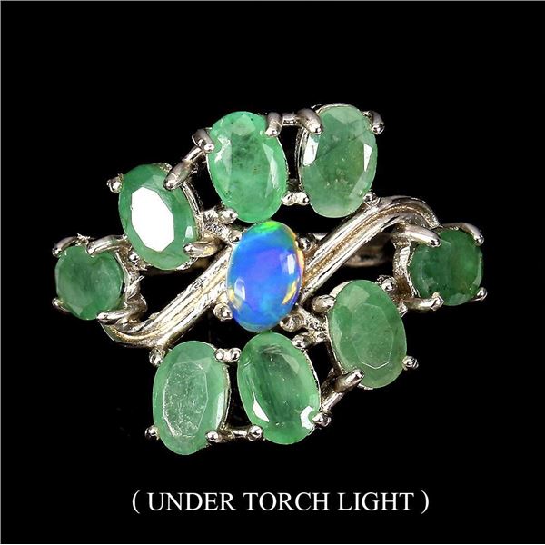 Unheated Oval Emerald Fire Opal 14K White Gold Plate 925 Sterling Silver Ring 7