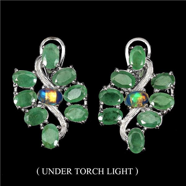 Unheated Oval Emerald Fire Opal 14k White Gold Plate 925 Sterling Silver Earring