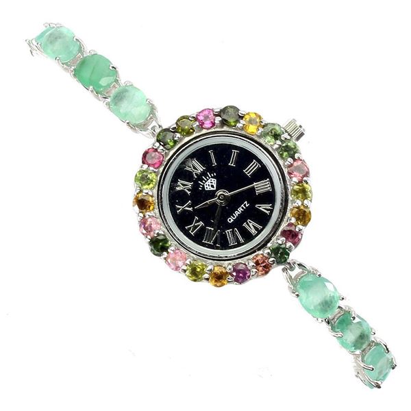 Unheated Oval Emerald 7x5mm Tourmaline 14k White Gold Plated  925 Sterling Silver Watch 7 Inches
