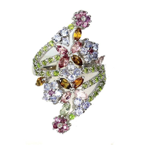 Unheated Marquise Tourmaline Rhodolite Garnet Gems 14k White Gold Plated 925 Sterling Silver Ring 7.