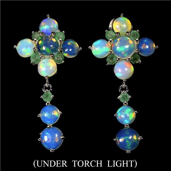 Unheated Round Fire Opal Hot Rainbow 6mm Emerald 14k White Gold Plated 925 Sterling Silver Earrings