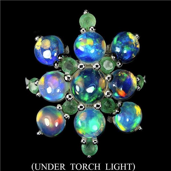 Unheated Round Fire Opal Hot Rainbow 6mm Emerald 14k White Gold Plated 925 Sterling Silver Ring 9.5
