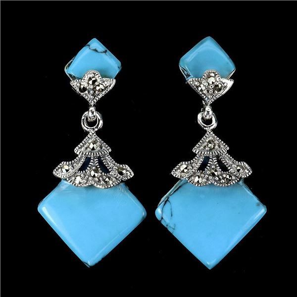 Stabilized Square Blue Turquoise 15mm Marcasite 925 Sterling Silver Earrings