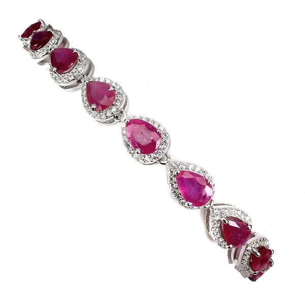 Heated Pear Red Ruby 7x5mm Simulated Cz 14 k White Gold Plated 925 Sterling Silver Bracelet 7 Inches