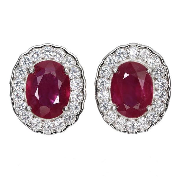 Heated Oval Red Ruby 8x6mm Simulated Cz 14 k White Gold Plated 925 Sterling Silver Earrings