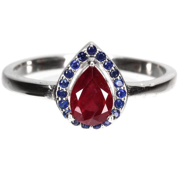 Heated Pear Red Ruby 7x5mm Sapphire Diamond Cut 14k White Gold Plated 925 Sterling Silver Ring Size