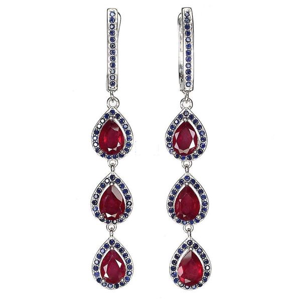 Heated Pear Red Ruby 7x5mm Sapphire Diamond Cut 14k White Gold Plated 925 Sterling Silver Earrings