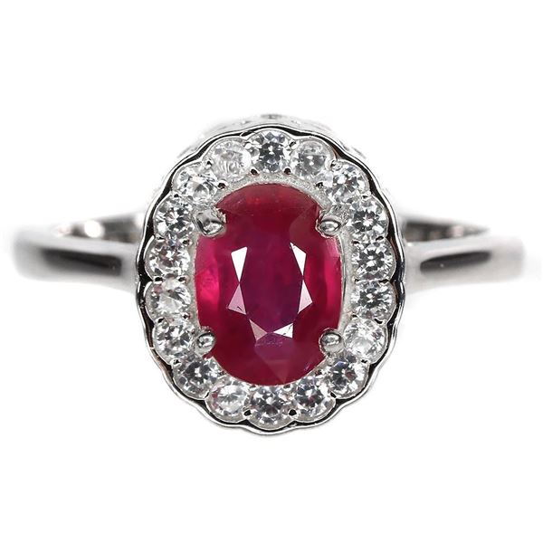 Heated Oval Red Ruby 8x6mm  Cz 14 k White Gold Plated 925 Sterling Silver Ring Size 8