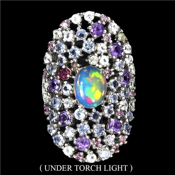 Unheated Oval Fire Opal 9x7mm Aquamarine Gems 14 k White Gold Plated 925 Sterling Silver Big Ring 8.