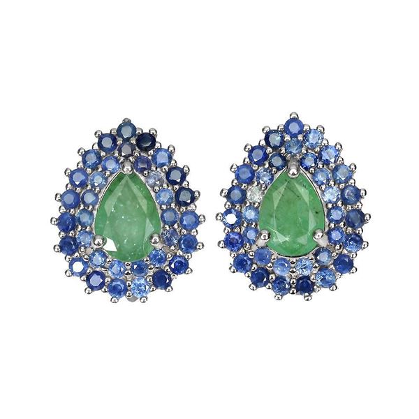 Unheated Pear Emerald 9x6mm Sapphire Diamond Cut 14k White Gold Plated 925 Sterling Silver Earrings