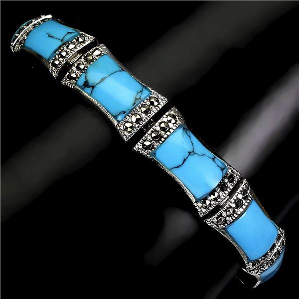 Exceptional Stabilized Octagon Turquoise 11x8mm Marcasite 14k White Gold Plated 925 Sterling Silver