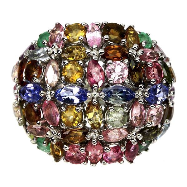 Unheated Marquise Tanzanite Emerald Tourmaline 14 k White Gold over 925 Sterling Silver Ring Size 8