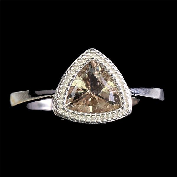 Unheated Trilliant Morganite 7mm 14k White Gold Plated 925 Sterling Silver Ring 6.5