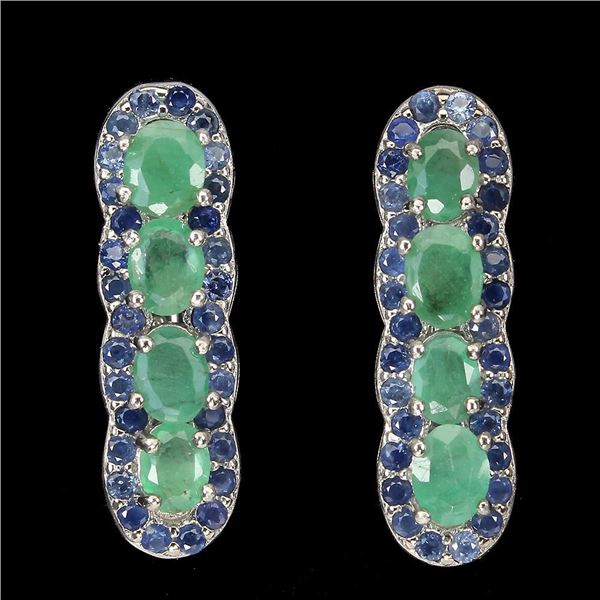 Unheated Oval Emerald 4x3mm Sapphire Diamond Cut 14 k White Gold over 925 Sterling Silver Earrings