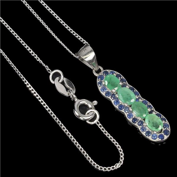 Unheated Oval Emerald 4x3mm Sapphire Diamond Cut 14 k White Gold over 925 Sterling Silver Necklace