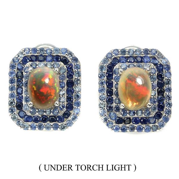 Unheated Oval Fire Opal 8x6mm Sapphire Diamond Cut  14 k White Gold Plated 925 Sterling Silver Earri
