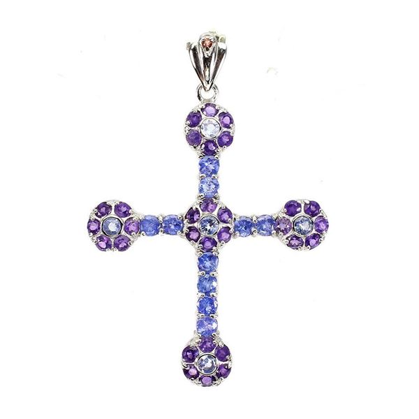 Unheated Round Tanzanite Amethyst Sapphire 14 k White Gold Plated 925 Sterling Silver Cross Pendant