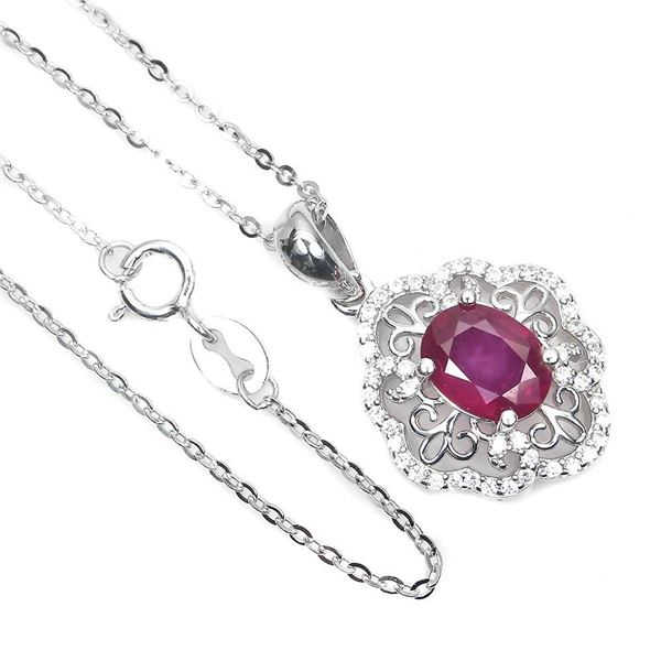 Heated Oval Red Ruby 8x6mm Cz 14 k White Gold Plated 925 Sterling Silver Necklace 18 Inches