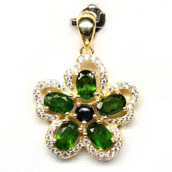 NATURAL 4 X 6 mm. GREEN CHROME DIOPSIDE, SAPPHIRE & CZ 925 SILVER PENDANT