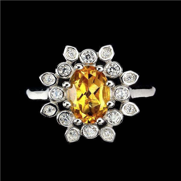 Unheated Oval Citrine 8x6mm Cz 14K White Gold Plate 925 Sterling Silver Ring 7