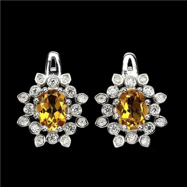 Unheated Oval Citrine 8x6mm Cz 14K White Gold Plate 925 Sterling Silver Earrings