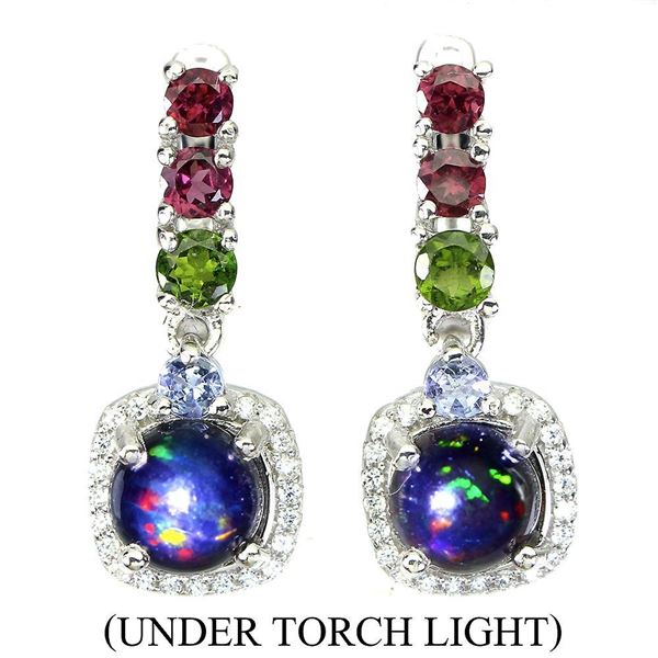 Round Black Opal 7mm Rhodolite Tanzanite Gems Cz 14 k White Gold plated 925 Sterling Silver Earrings