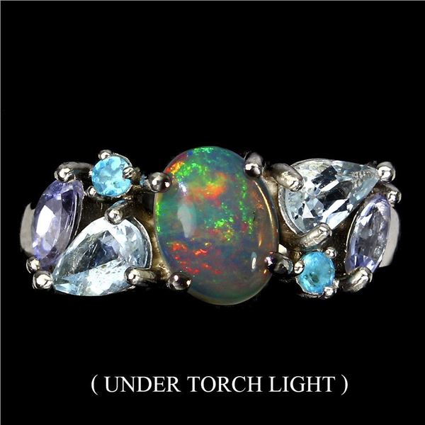 Unheated Oval Fire Opal 8x6mm Apatite Aquamarine 14 k White Gold over 925 Sterling Silver Ring 8