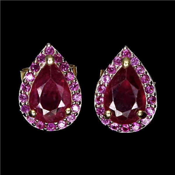 Heated Pear Ruby 6x4mm Cz 14K Gold Plated 925 Sterling Silver Earrings
